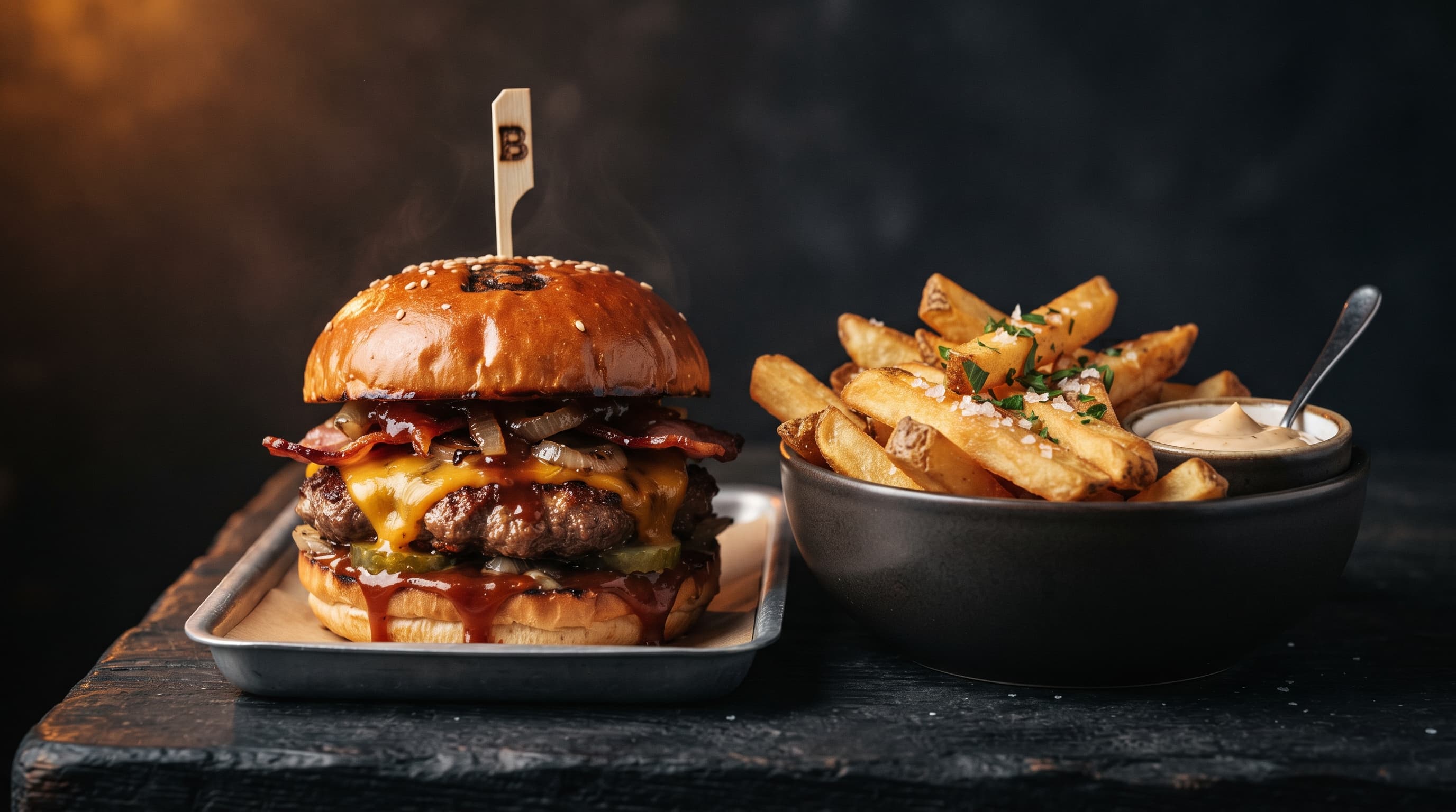 Burnt-branded burger served with fries and dip