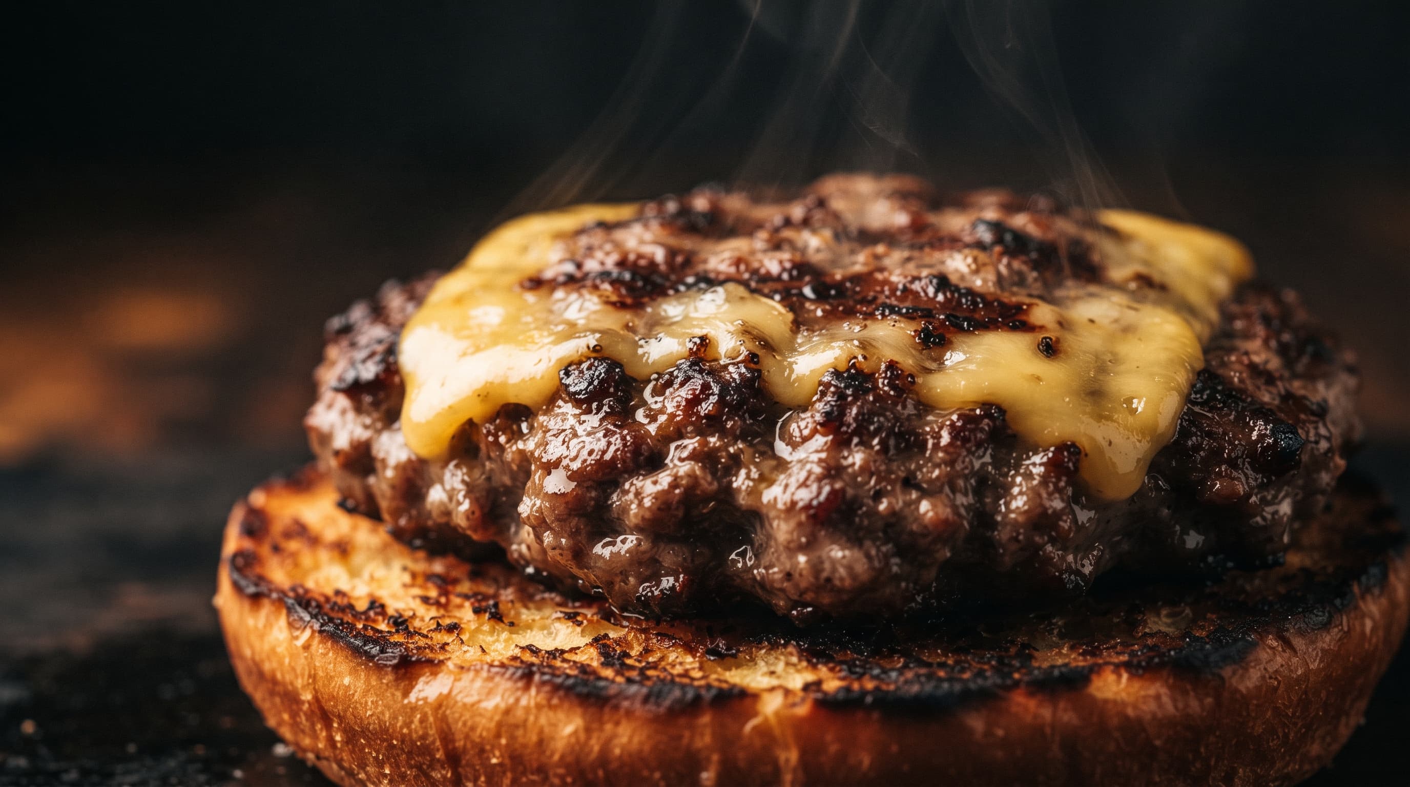 Macro detail of melted American cheese on a charred beef patty