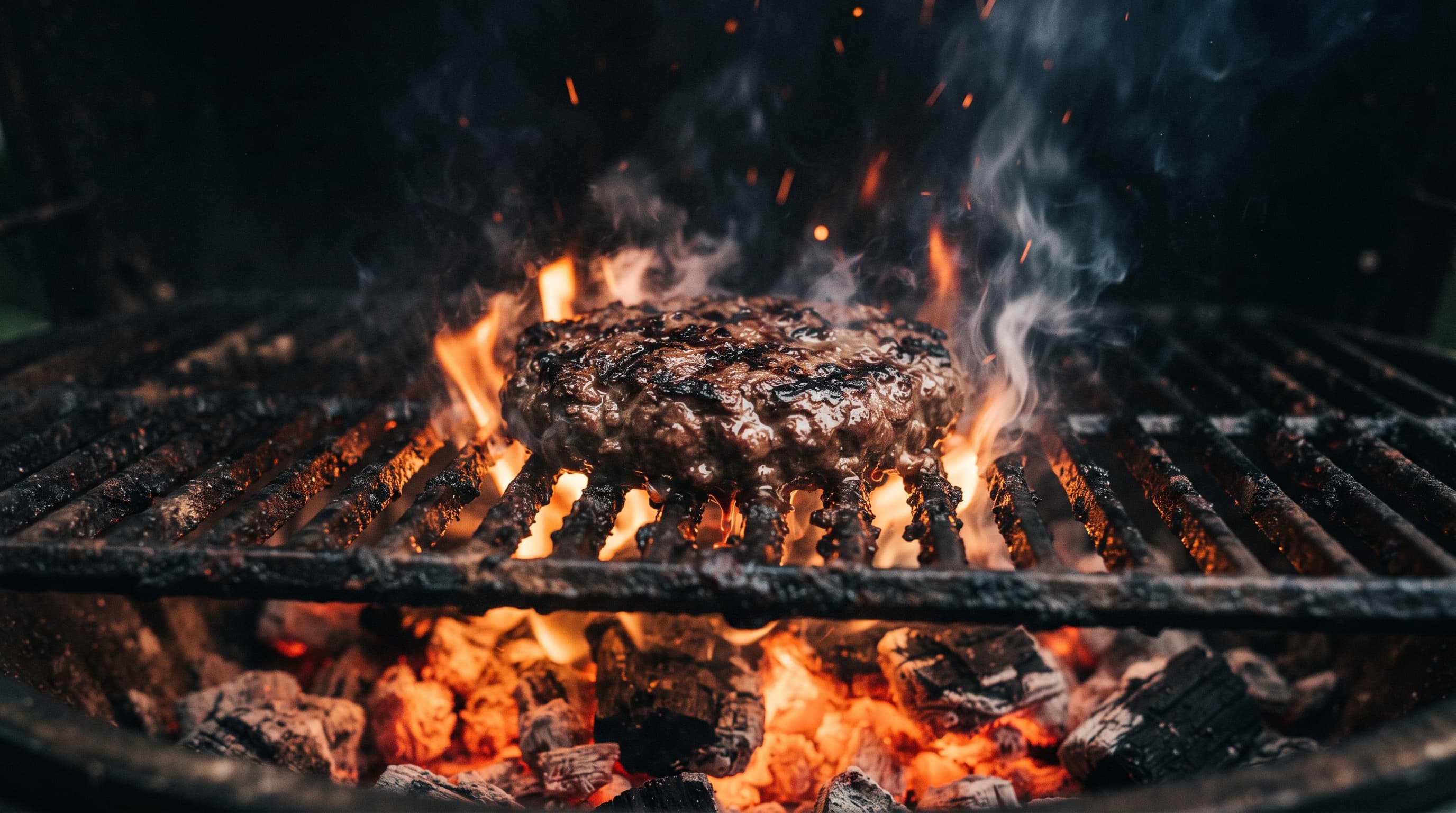 Wide shot of a patty on the live-fire charcoal grill
