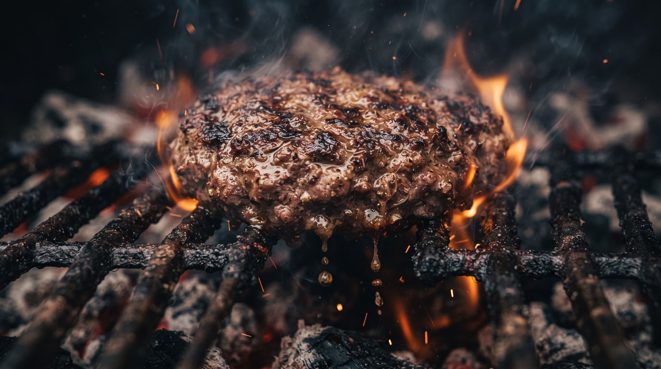 Macro shot of a charred patty on the grill grate