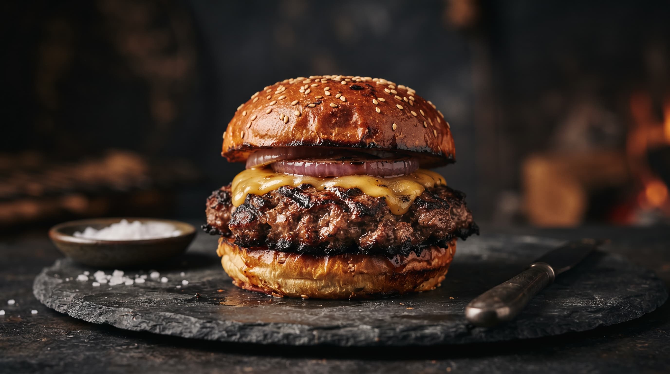 The Burnt Classic cheeseburger on a slate board