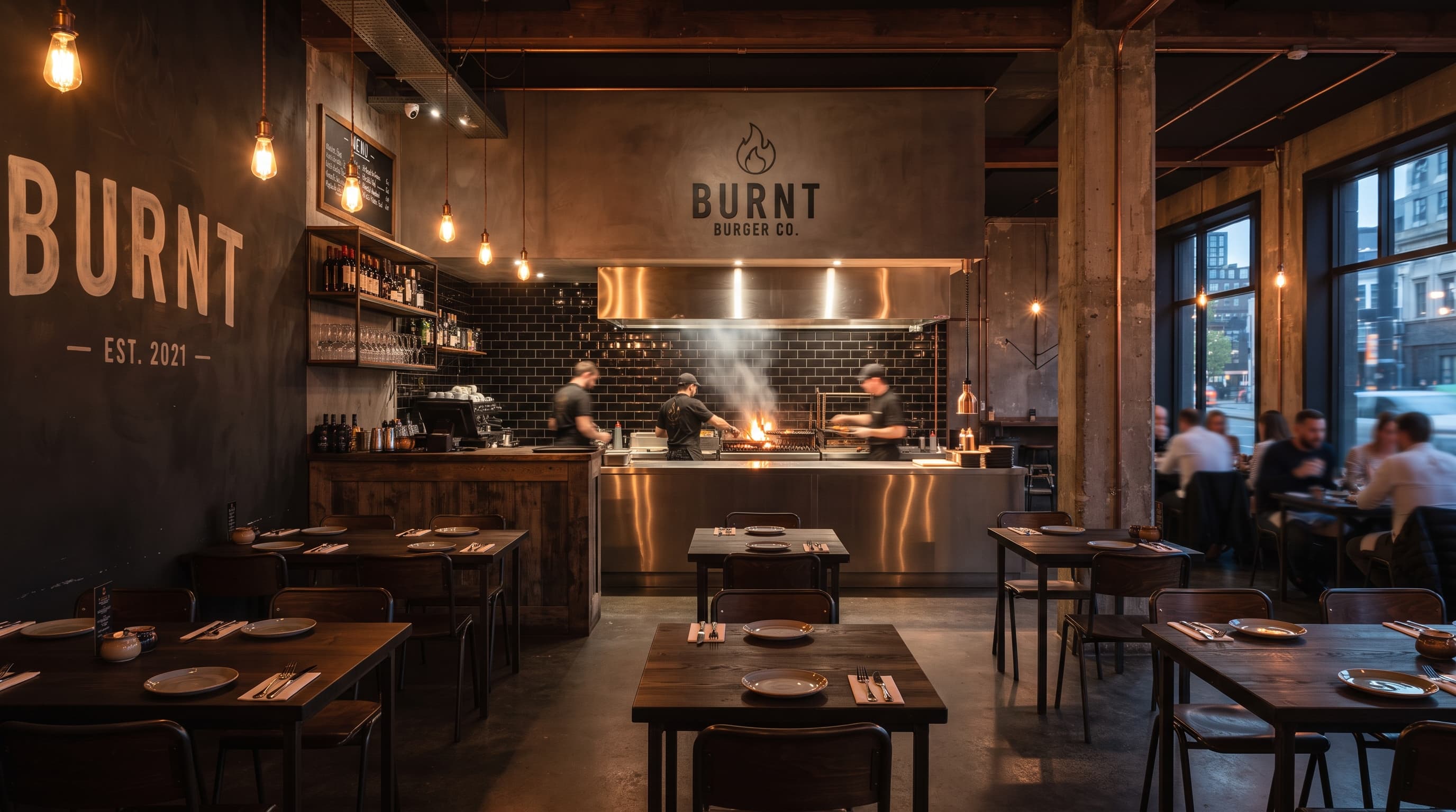 Open kitchen and dining room at Burnt Burger Co.